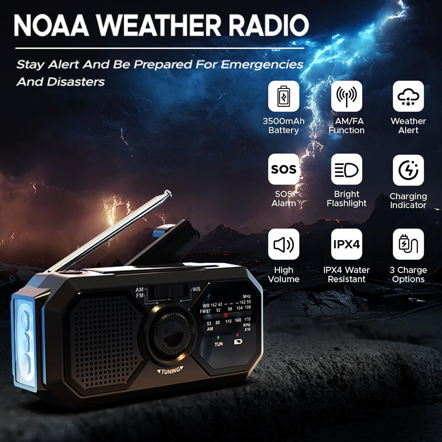 Emergency Hand Crank Radio, with LED Flashlight for Emergency, AM/FM Portable Weather Radio, for USB Charged & Solar Power for Camping, Emergency (Black)