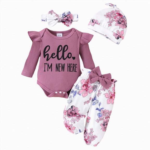 1-3 Months Newborn Baby Bodysuits Newborn Outfit Baby Girl Going Home Outfit Ruffle Ribbed Romper Top Floral Pants Set Cute Clothes,Purple Jumpsuit Bodysuit
