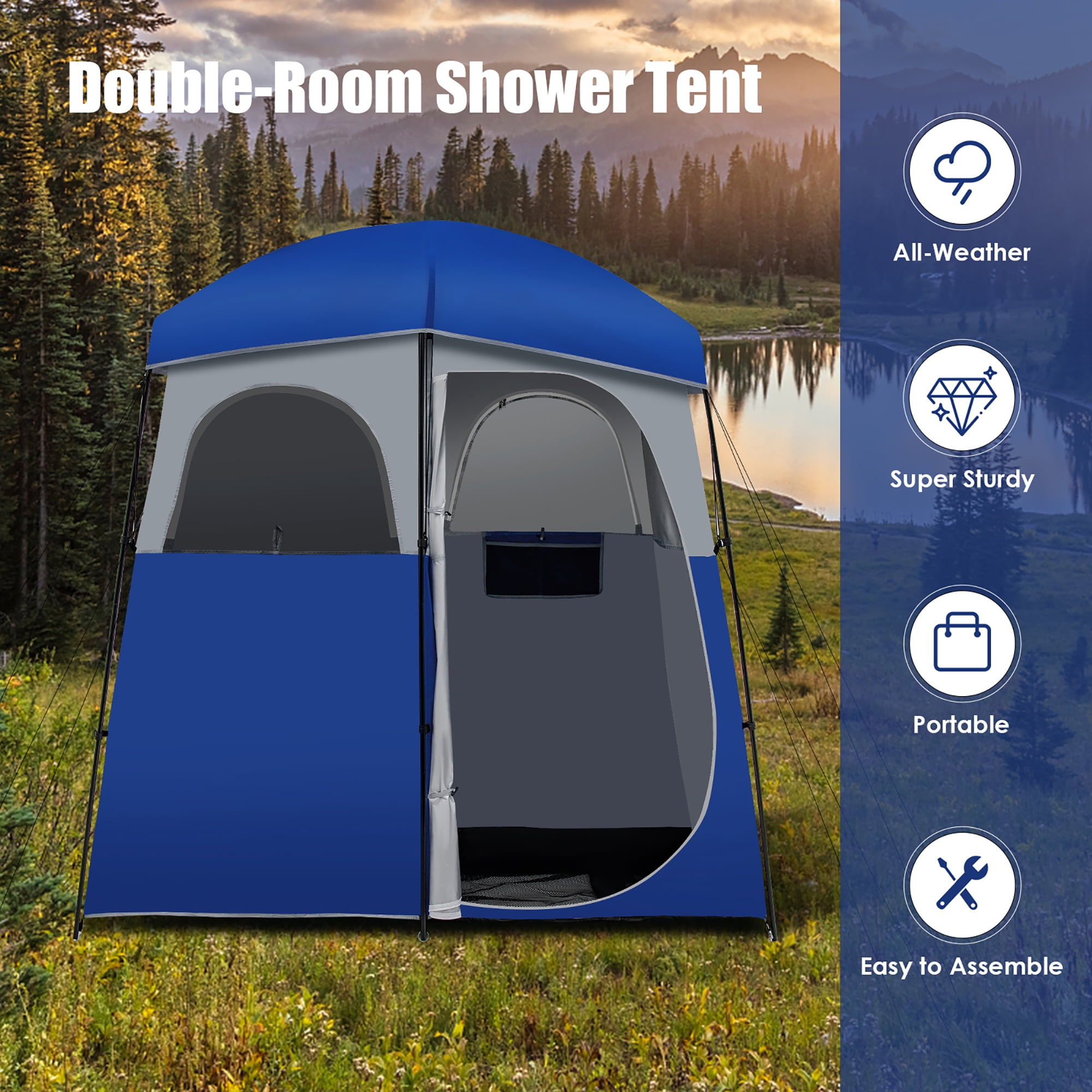 Costway Double-Room Camping Shower Toilet Tent with Floor Oversize Portable  Storage Bag 