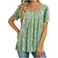 thumbnail image 3 of Womens Spring Tops Casual Floral Print Round Neck Pleated Top Basic Workout Clothes Spring Fashion Outfits, 3 of 10