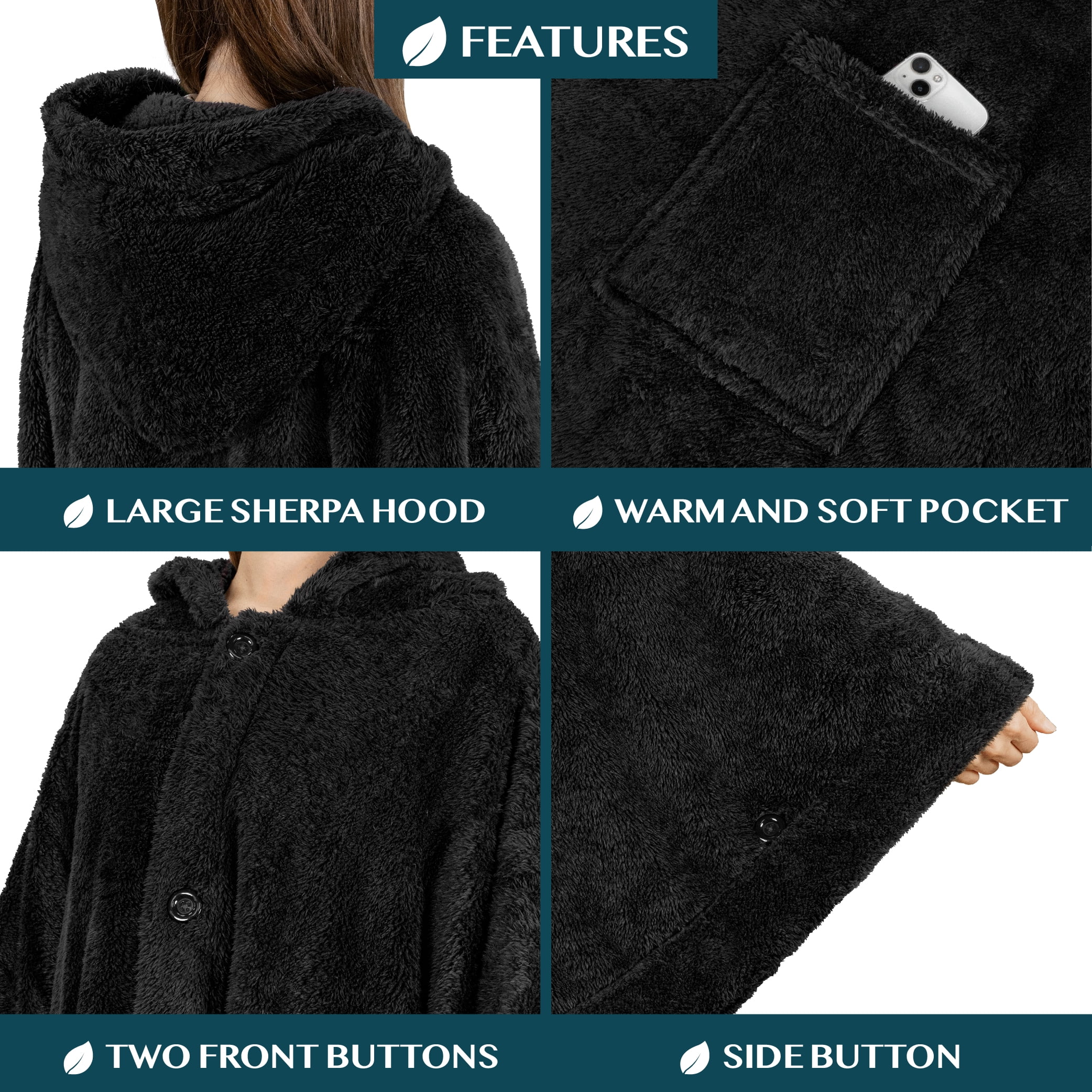 Pavilia Angel Wrap Hooded Blanket Poncho Sherpa Fleece, Black