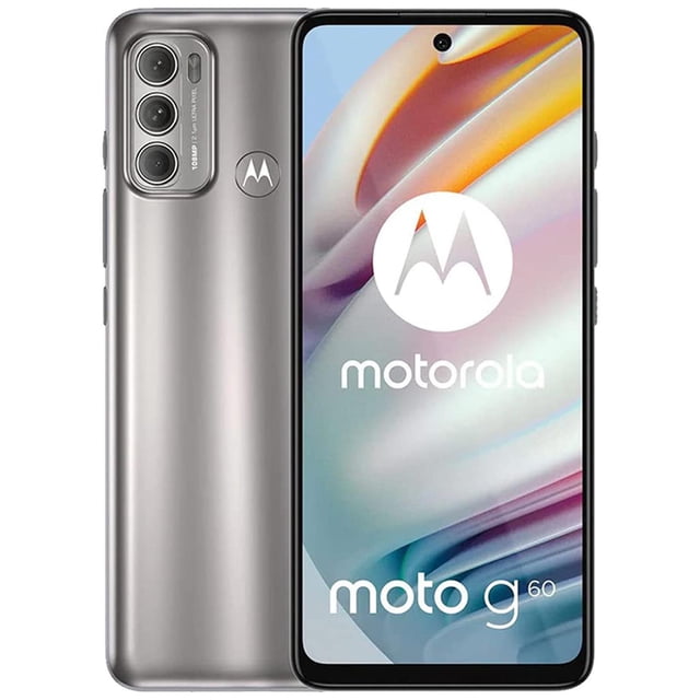 celular motorola moto g60 4gb 128gb 6.8 fhd+ lcd 120hz triple camara 108mp Plata, vista frontal y trasera; pantalla FHD+ de 6.8" con orificio central para la cámara frontal de 32 MP, módulo trasero vertical con tres lentes incluyendo sensor principal de 108 MP y carcasa plateada con logo Motorola centrado. También suele usarse como teléfono principal para fotografía móvil y contenido social.