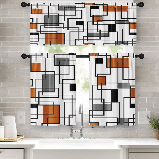 36 Inch Kitchen Curtains Orange and Black Geometric Abstract Art Window Curtains and Valances Set of 3, Black Line White Short Tier Curtain for Kitchen,Vintage Small Kitchen Decor