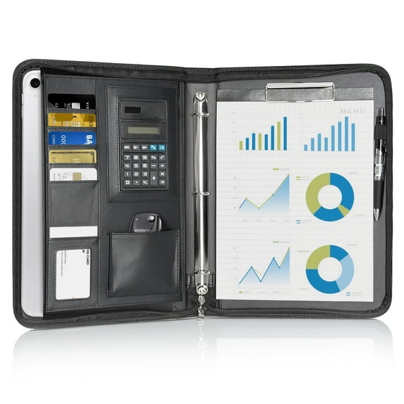 AGCAN Padfolio Portfolio with Zipper, Black Vegan Leather Business 3 Ring Binder Binder, Protective 10.1 Inch Tablet Sleeve, Solar Calculator, Business Card Storage Included Letter Sized Writing Pad