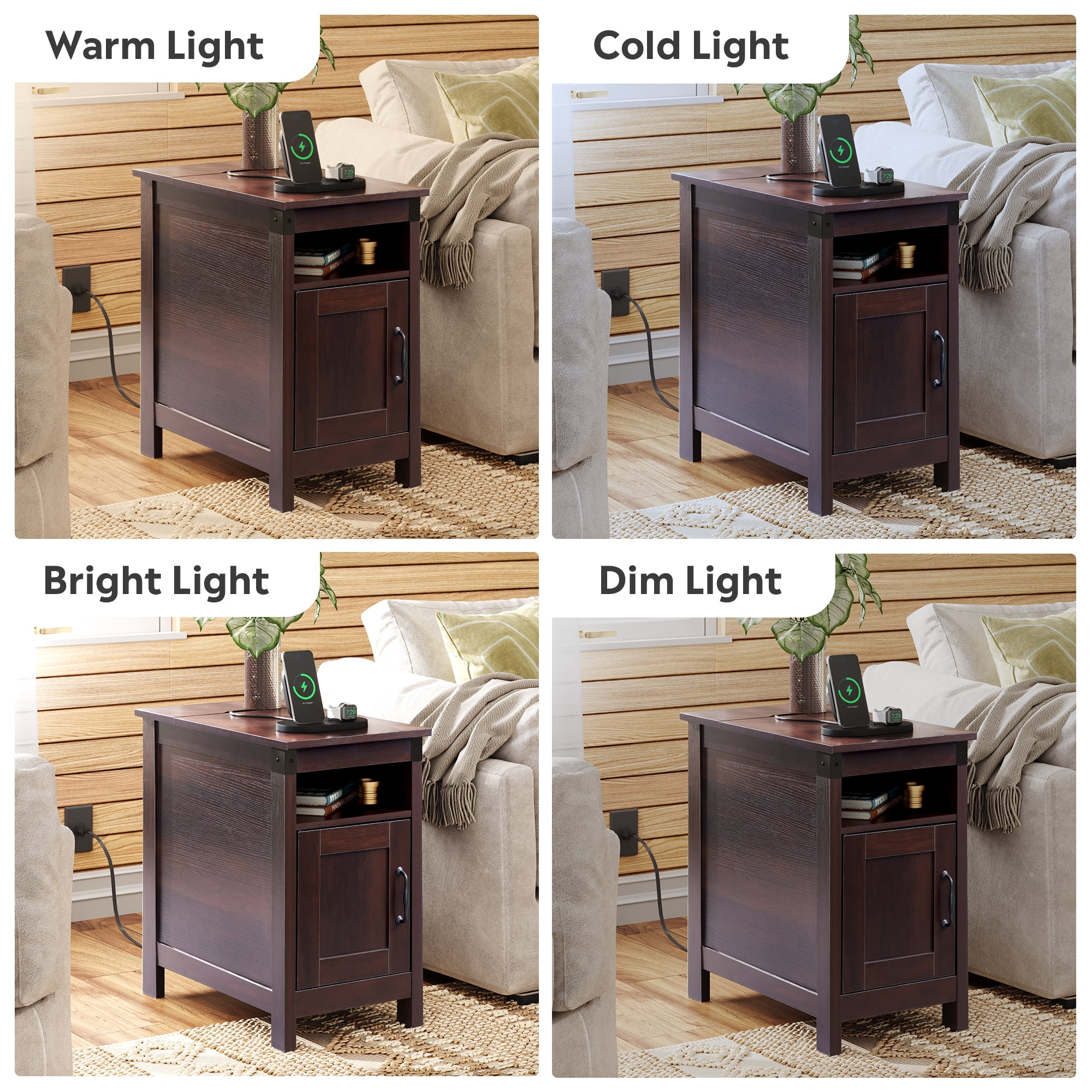 GALAXHERO End Table with Charging Station Narrow Side Table with Storage Night Stand with USB Ports and Outlets Small Wooden Cabinet for Living Room and Bedroom Espresso