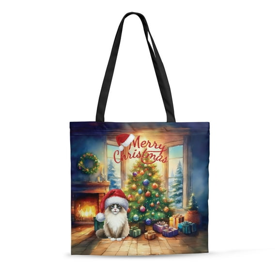 Merry Christmas Ragdoll Santa Hat Xmas Tree Winter Holiday All Over Print 3D Canvas Tote Bag Cat Lover Kitten Owner Gifts Idea Reusable Handbag - 01013