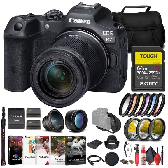 Canon EOS R7 Mirrorless Camera with 18-150mm Lens 5137C009 Sony 64GB TOUGH SD Card Filter Kit Wide Angle Lens Telephoto Lens Color Filter Kit Lens Hood Bag Charger International Model