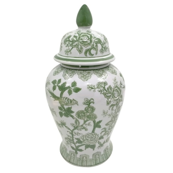 Sagebrook Home Elegant Green and White Bird/Flower Temple Chinoiserie Jar