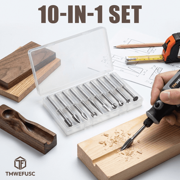 TMWEFUSC 10Pcs Wood Carving Bit Set Steel Bit Precision Cutting Wood Engraving Drill Bit with 1/8" Shank for DIY Carving Engraving Drilling Micro Sculpture