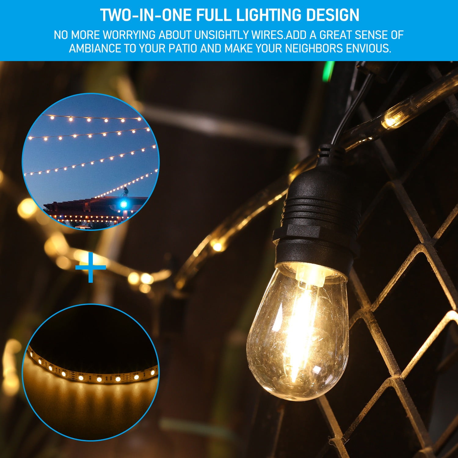 2 Pack Outdoor String Lights, Commercial Grade Decorative String Lights, Fairy Neon String Light, Full Lighting Design, 24 Bulbs Included