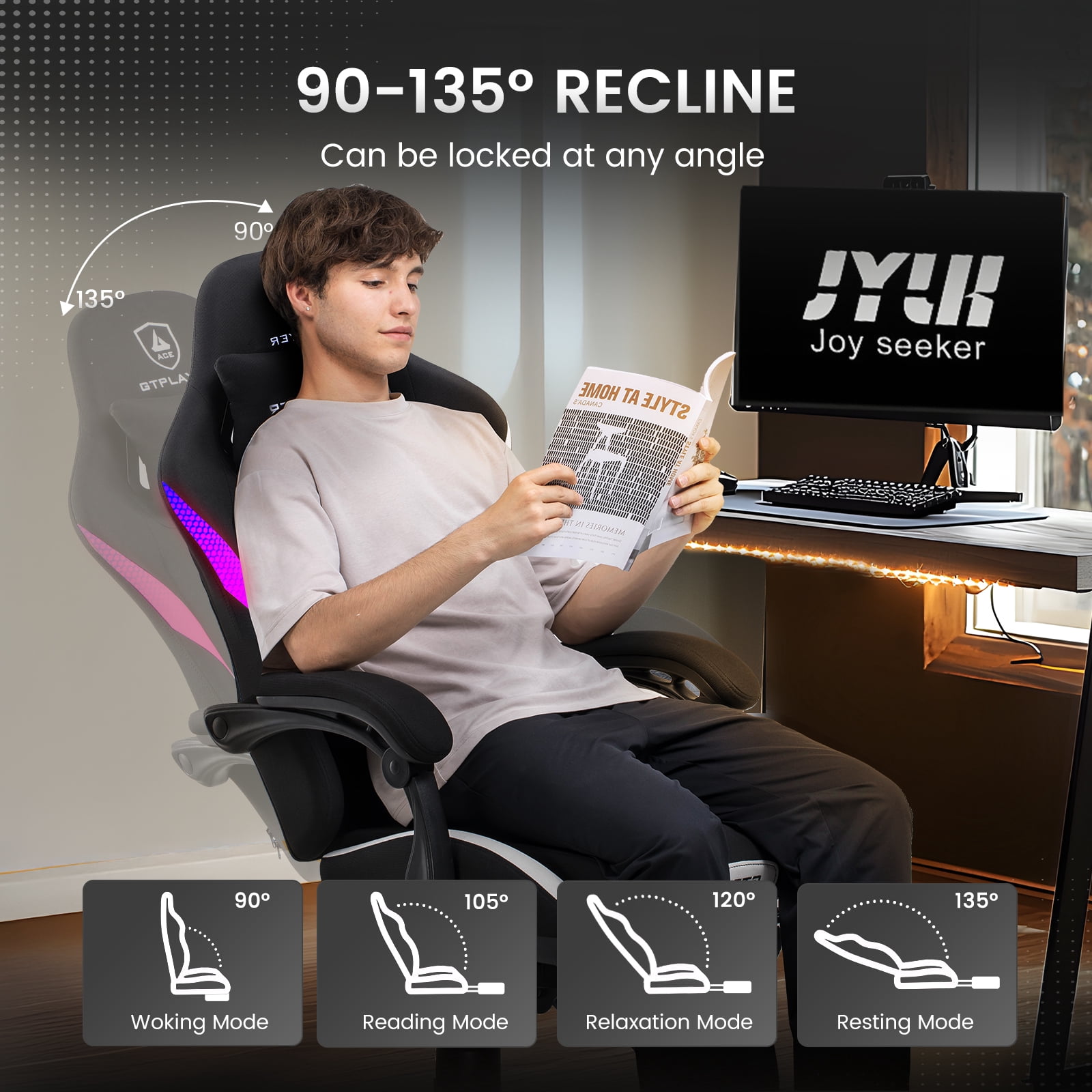GTPLAYER RGB Gaming chair with footrest and Lumbar Support , Ergonomic LED Light Office Chair for Adults