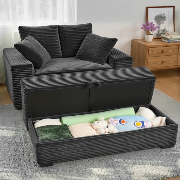 Advwin Oversized Corduroy Chaise Lounge Chair with Storage Ottoman & Pillows, Modern Deep-Seat Accent Chair Sofa for Living Room, Bedroom, Small Spaces, Gray
