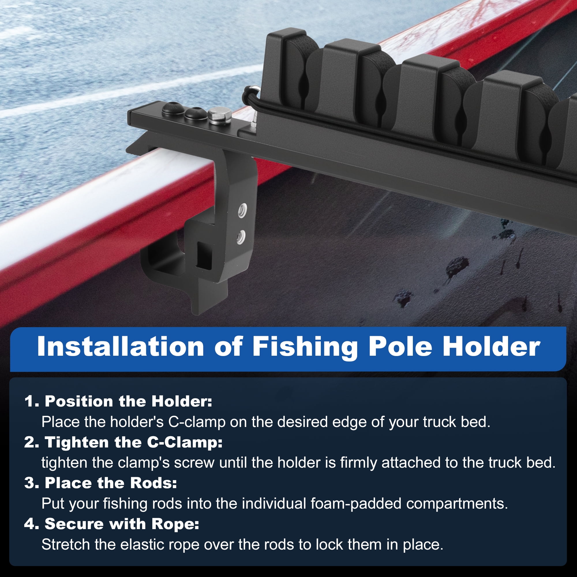 Unique Bargains Fishing Rod Holder with C-Clamp Mount Black 4 Rods