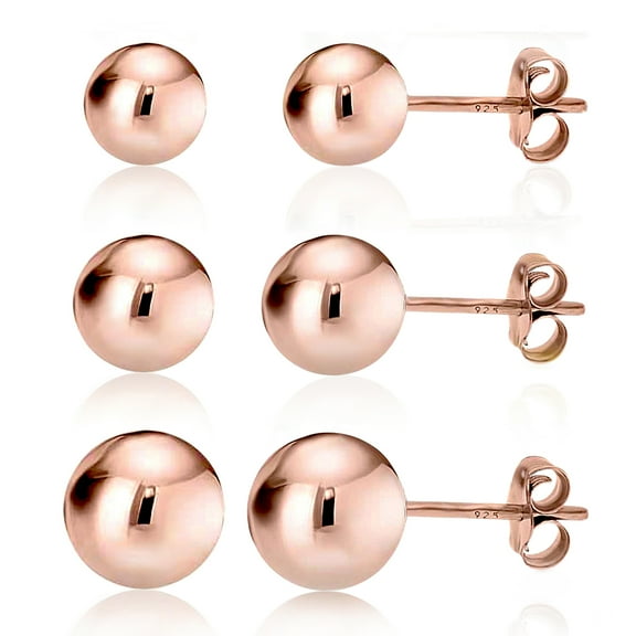Kezef Rose Gold over 925 Silver High Polish Smooth Round Ball Stud Earring 3-Size Set - 6mm, 7mm, 8mm