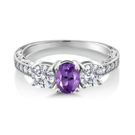 Gem Stone King 10K White Gold Purple Amethyst and Lab Grown Diamond Engagement Ring for Women | 1.87 Cttw | Oval 7X5MM | Gemstone February Birthstone | Size 5