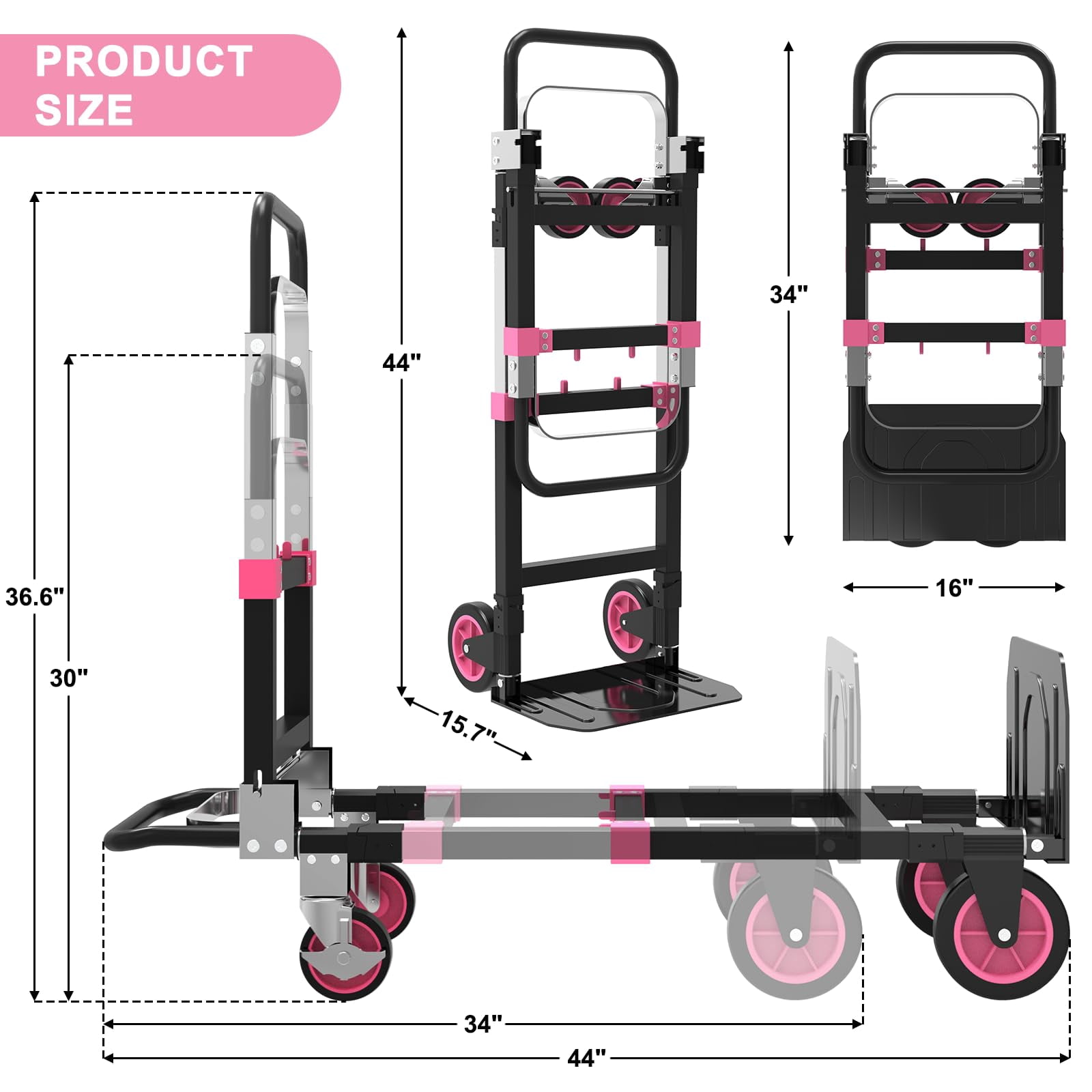 Yacona 3-in-1 Folding Hand Truck, Foldable Dolly Cart with Wheels Heavy Duty, Convertible Hand Cart for Moving with Retractable Handle, Pink