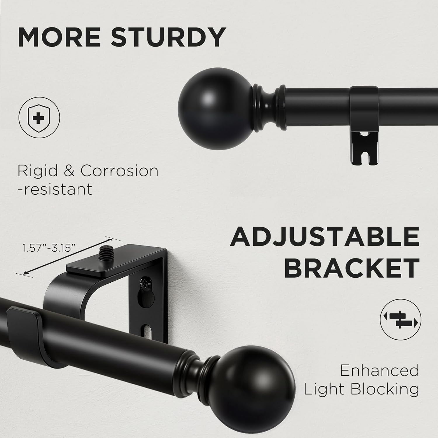 Black Curtain Rods for Windows 32 to 120 inches, 1 inch Diameter Heavy Duty Adjustable Curtain Rods for Bedroom, Sliding Glass Doors, Outdoor, Patio