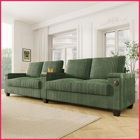 Modern 4-Seater Corduroy Sofa with USB Ports & Storage - 133” Wide Living Room Couch with Flip-Top Cup Holders, Green