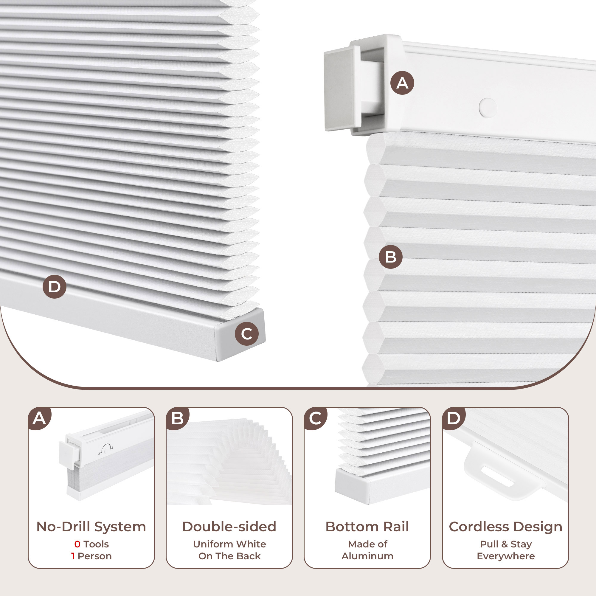 Allesin Zen No Drill Blinds for Windows Blackout Cordless Cellular Shades Honeycomb Blinds Pull Down, Free Stop Easy Install for Home and Office, Light Filtering, White, 33.5" W x 64" H