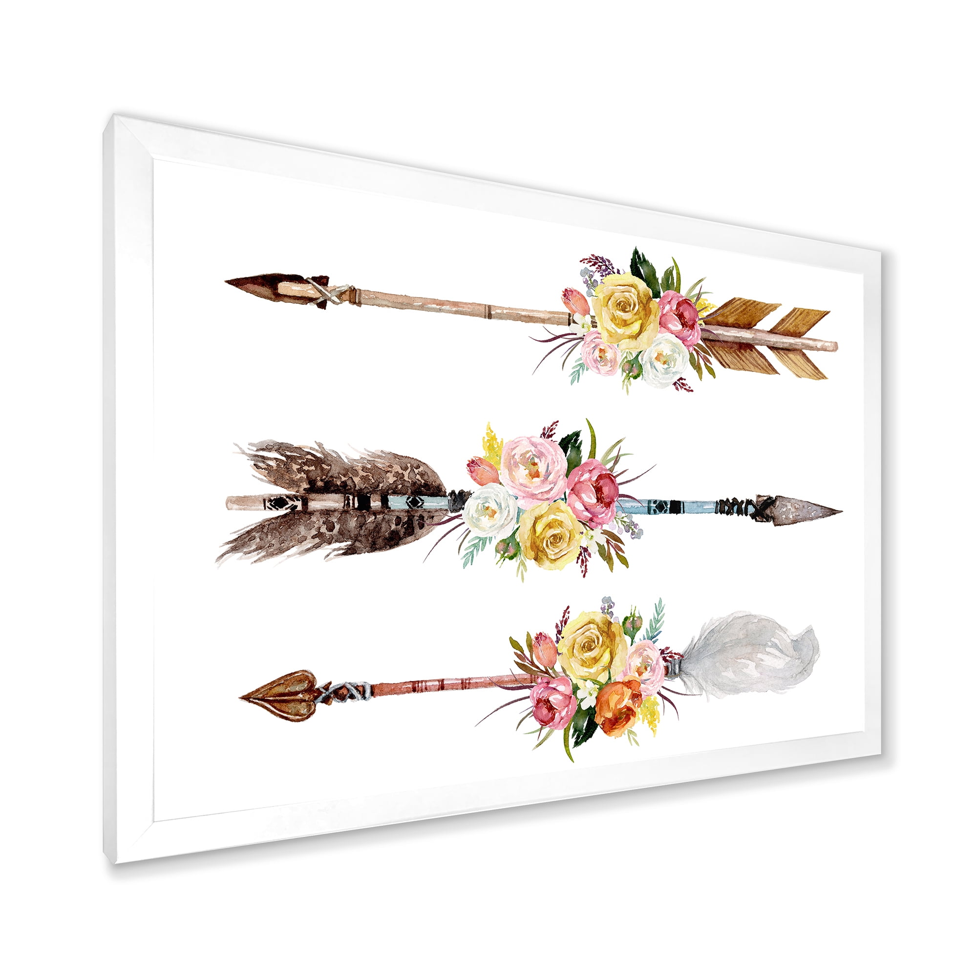 Designart 'Flowers and Ethnic Feathers On Native Arrows II' Bohemian & Eclectic Framed Art Print