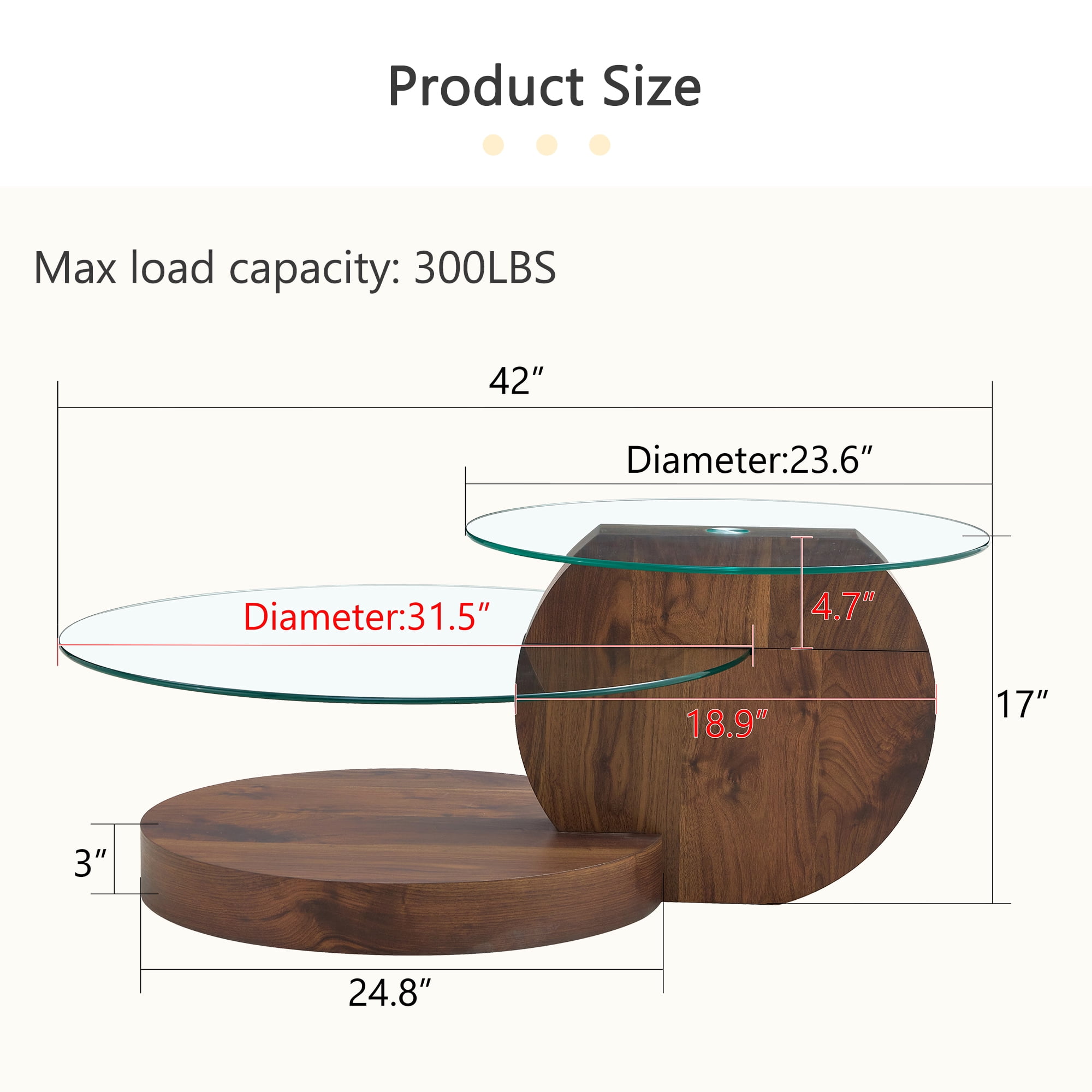 Vanress 42" Glass Coffee Table, Round Coffee Table, Modern Double Layer Round Glass Coffee Table for Living Room, Walnut
