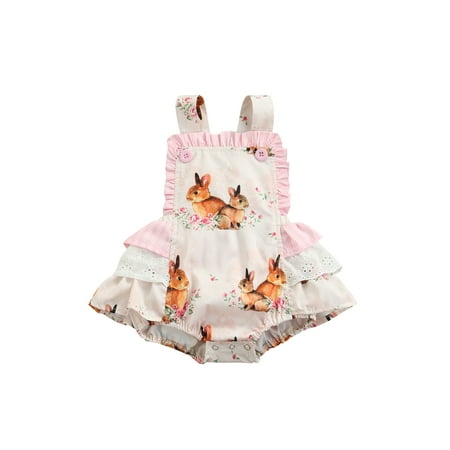 

Xkwyshop Newborn Baby Girl Easter Romper Dress Sleeveless Suspenders Lace Up Backless Layered Bunny Print Bodysuit 18-24 Months