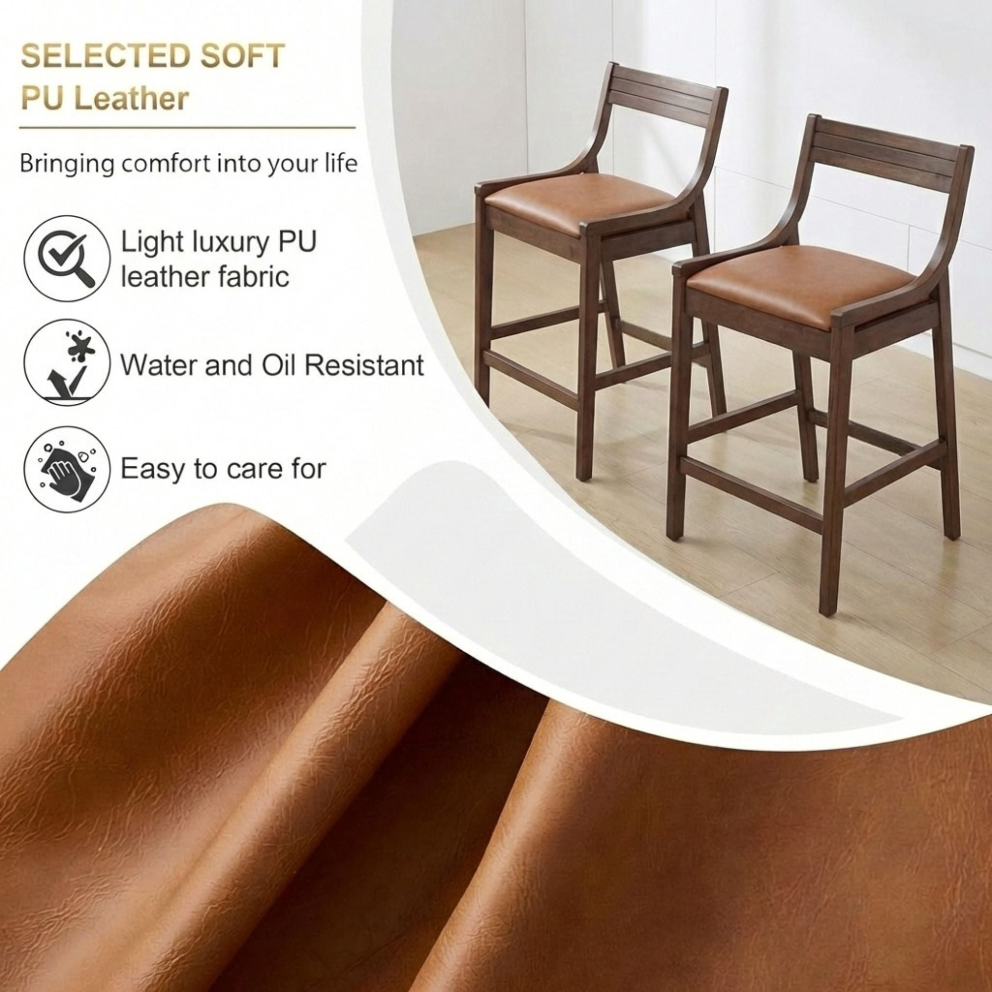 Dayalane Modern Farmhouse Bar Stools Set of 4, 26”Counter Height Bar Stools with Slatted Back, PU Leather Upholstered & Solid Wood Legs Barstools for Kitchen Island Dining Rooms and Home Bars, Brown
