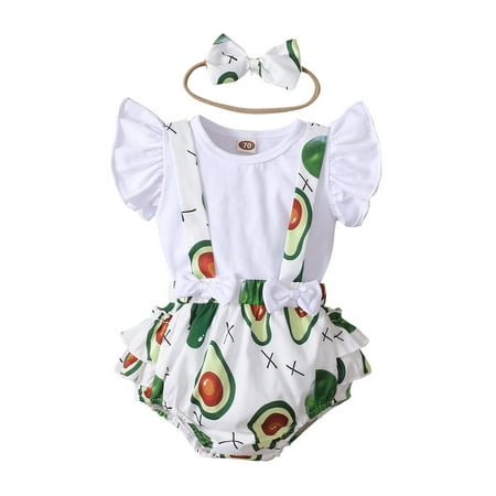 

Toddler Baby Girls Solid Tops+Fruits Printed Suspender Shorts Headbands Outfits