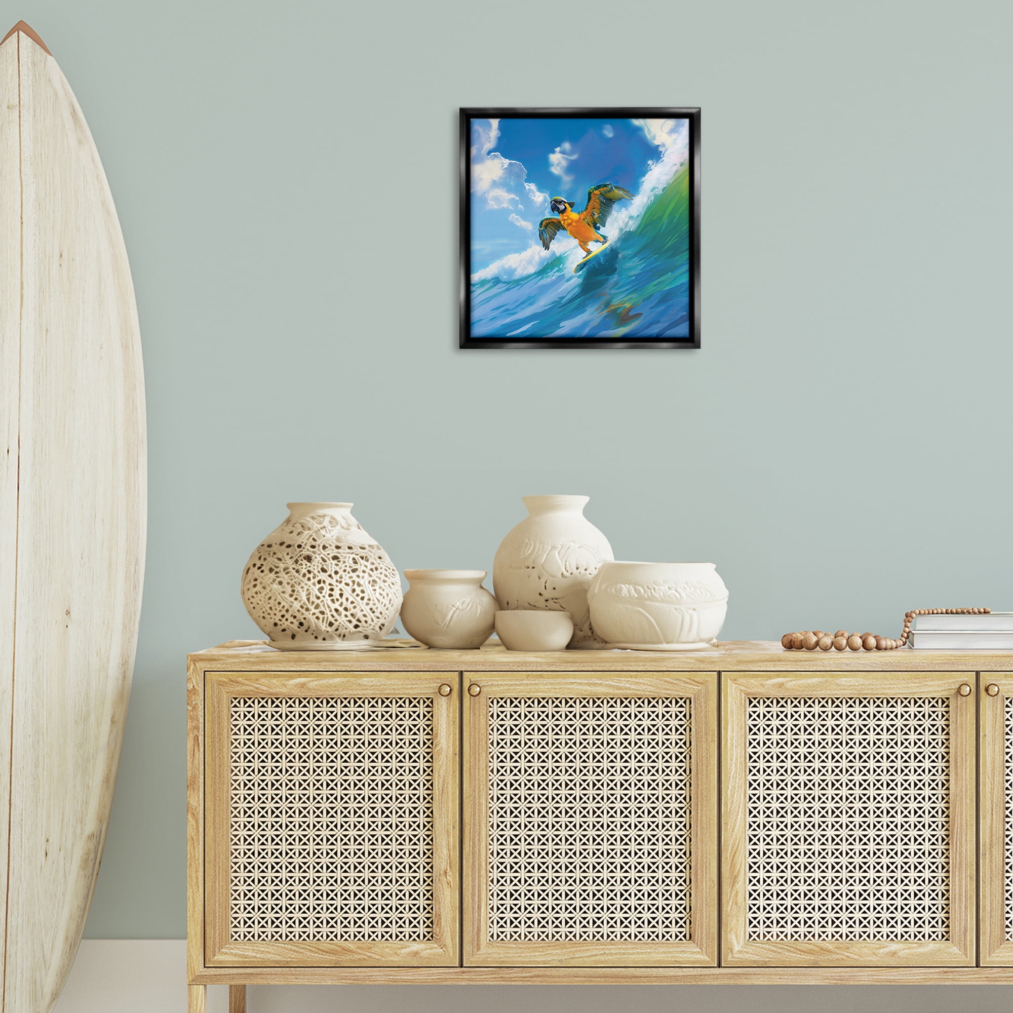Stupell Industries Parrot Surfing Sea Waves Nautical & Beach Painting Black Floater Framed Canvas Art Print Wall Art, 18 x 18