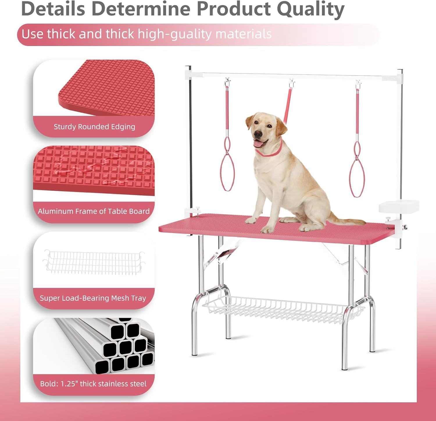 47" Pet Grooming Table Pink, Stainless Steel Foldable Grooming Table for Dogs at Home Adjustable Height Arms Pet Station with Nooses, Mesh Tray, Tool Organizer