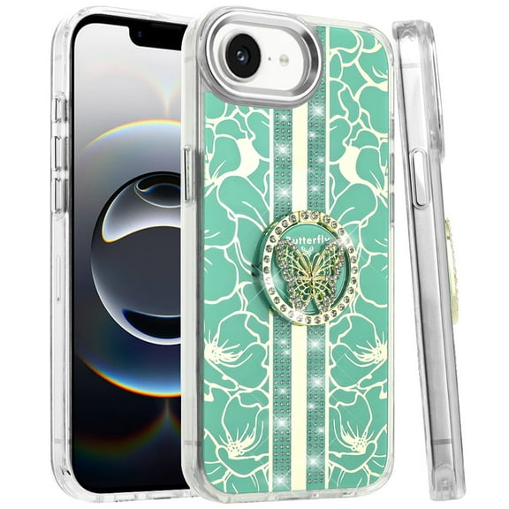 For iPhone 17E / 16E / SE4 Splendid Floral Designs with Metal Camera and Buttons with Butterfly Ring Stand Hybrid Case - Light Green