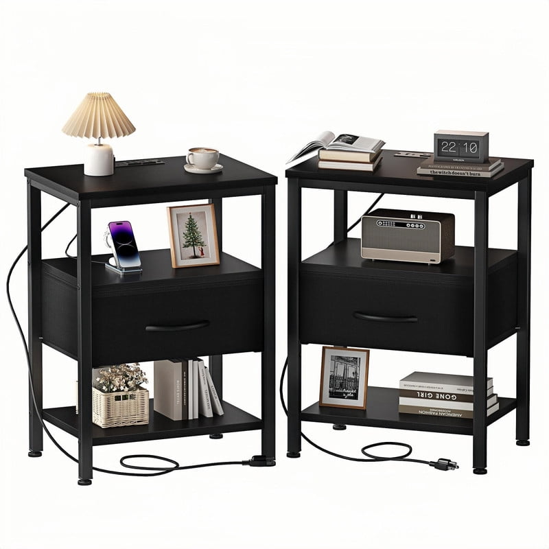 Kelno 2PCS Nightstand with Fabric Drawer Charging Station USB TypeC Outlets Small Bedside Table with Adjustable Shelf, Black