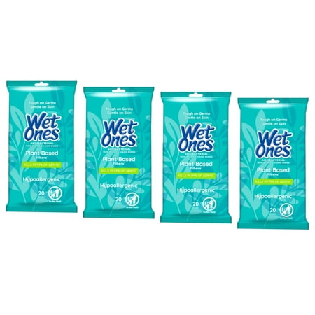 Wet Ones Antibacterial Plant Based Fiber Hypoallergenic Hand Wipes, 20 Count - Pack of 4