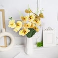 thumbnail image 1 of Tallo artificial de flor de orquídea con 5 tenedores y mariposas, Phalaenopsis de seda de rayas amarillas, ramo de flores falsas para decoración del hogar, centro de mesa para salón, bodas y fiestas, 1 of 6