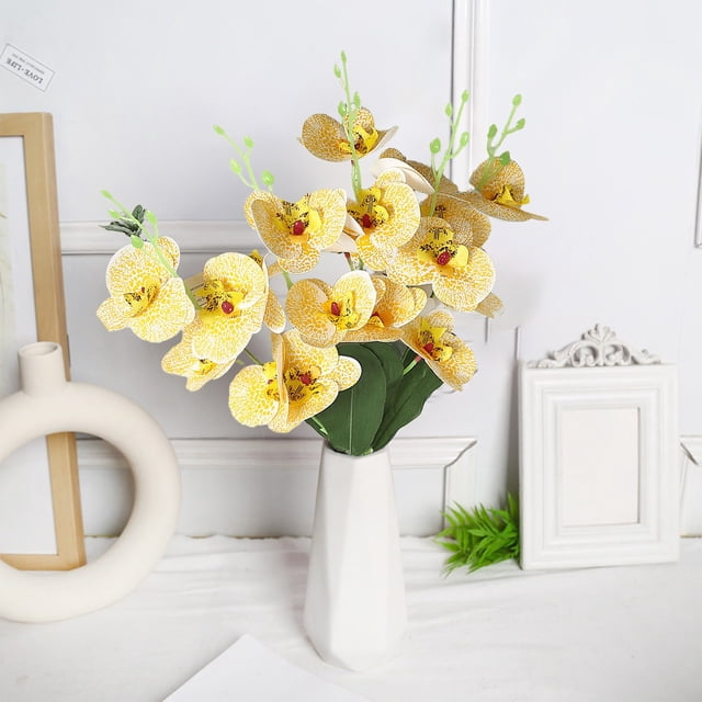 Tallo artificial de flor de orquídea con 5 tenedores y mariposas, Phalaenopsis de seda de rayas amarillas, ramo de flores falsas para decoración del hogar, centro de mesa para salón, bodas y fiestas