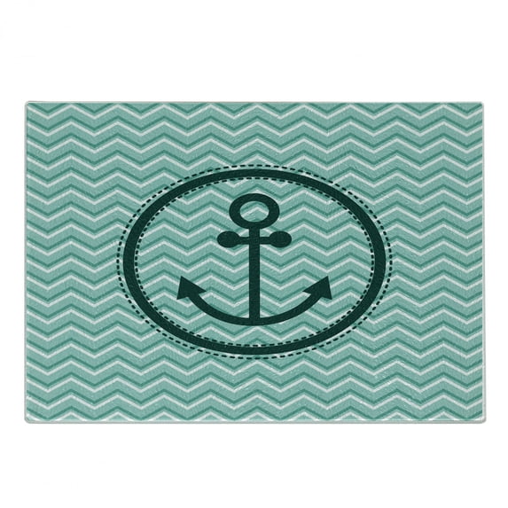Anchor Cutting Board, Horizontal Zig Zag Pattern Background Anchor Image Circle Shape Medallion, Decorative Tempered Glass Cutting and Serving Board, Small Size, Dark Green Turquoise, by Ambesonne