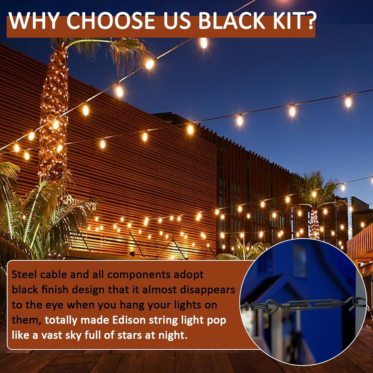 TooTaci String Light Hanging Kit, 164FT PVC Coated Steel Cable, Stainless Steel Wire for Indoor Outdoor String Lights, Patio Lights, Camping Light