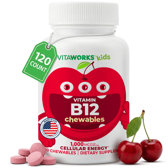 VitaWorks Kids Vitamin B12 1000 mcg, Dietary Supplement, Cellular Energy Vitamins, 120 Chewables