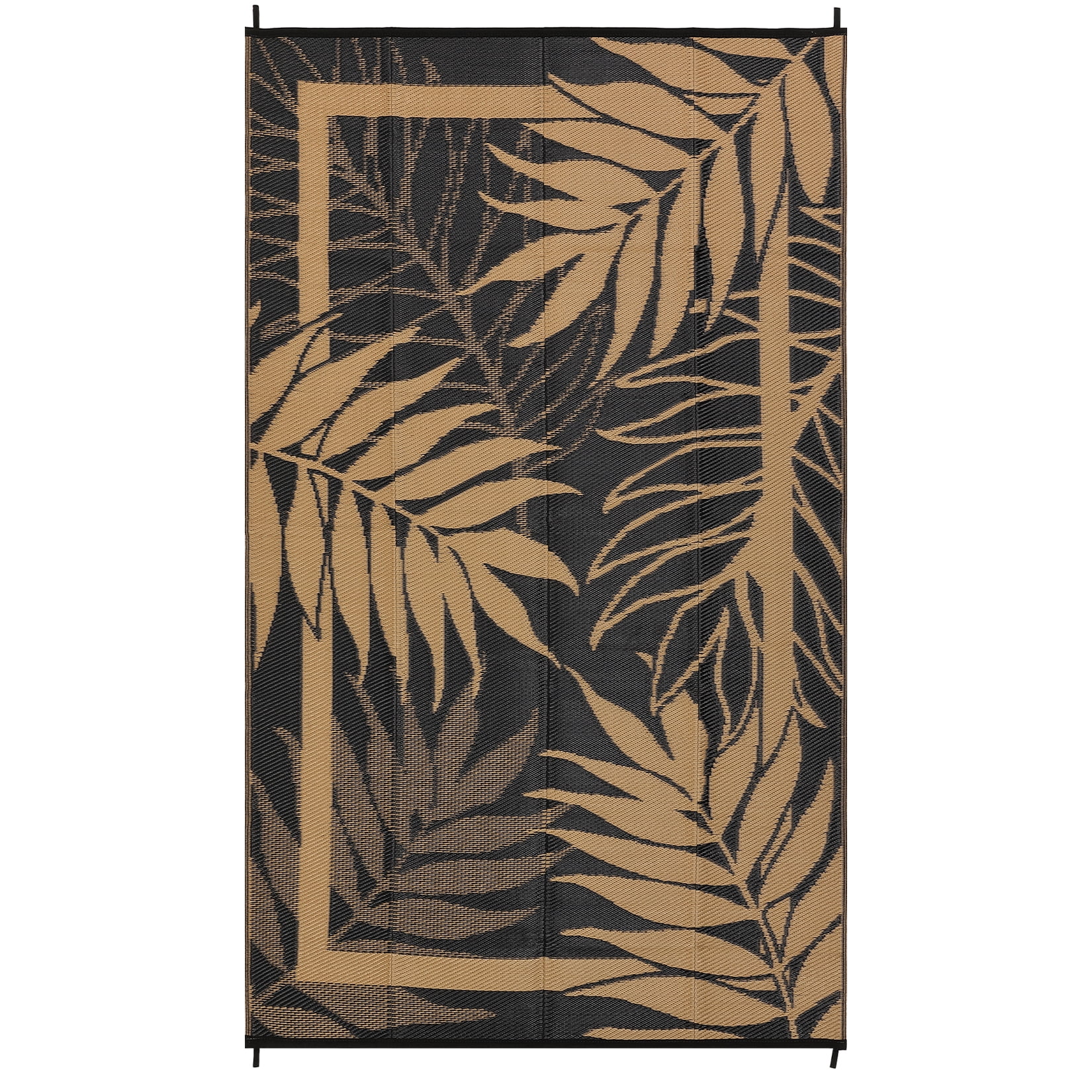 Nanan 9'x18' Outdoor Rug, Modern Leaf Print Waterproof Patio Rug, Outdoor Reversible Plastic Straw Rug for Camping, Deck, Bench, Picnic, RV, Black Brown