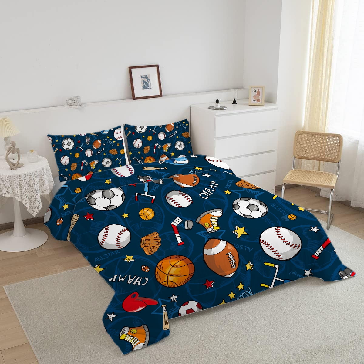 Queen Sports Comforter Set Navy Ball Bedding Sets for Boys Girls Kids Teen 3D Soccer Basketball Baseball Football Design 5Pcs Bed in A Bag