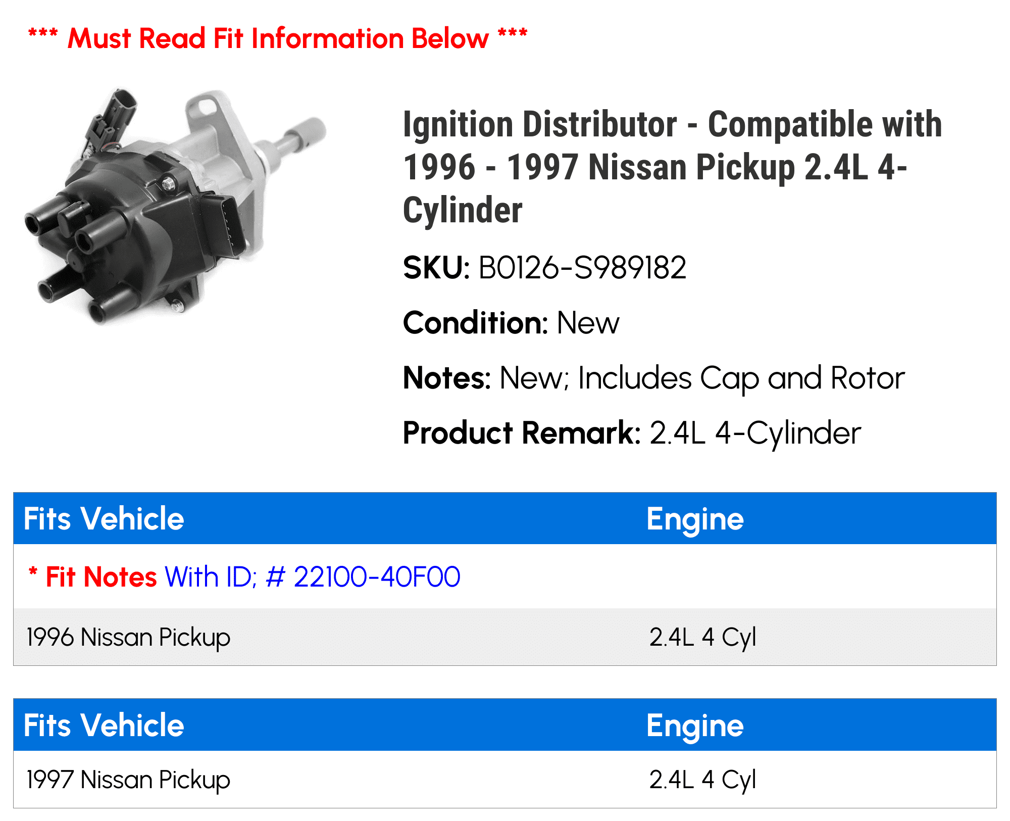 Ignition Distributor - Compatible with 1996 - 1997 Nissan Pickup 2.4L 4-Cylinder