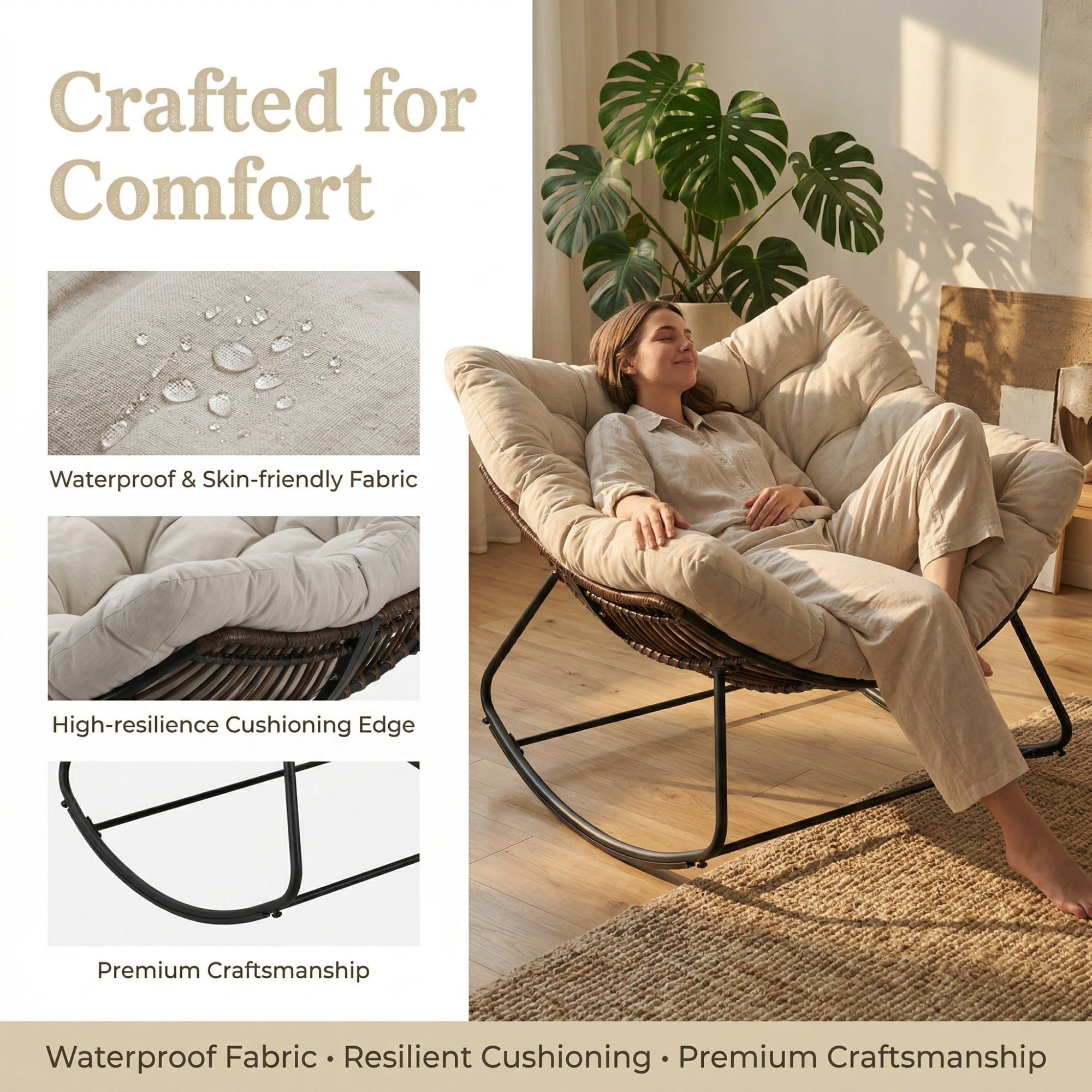Outdoor Papasan Rocking Chair Oversized, Rattan Egg Rocker Chair with Padded Cushion, 400lbs Patio Wicker Rocking Chair for Living Room Porch Backyard, Beige