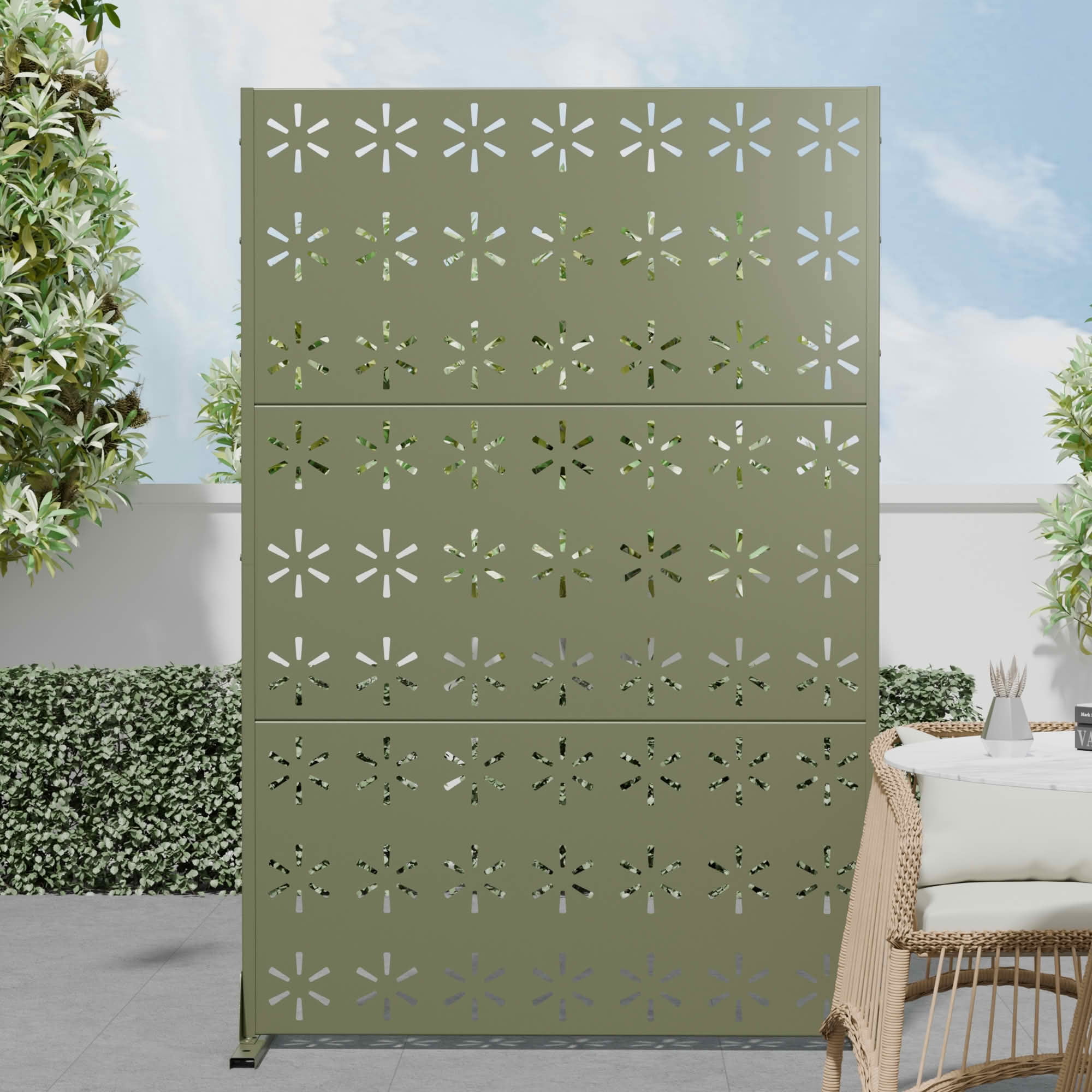 MAYEERTY 72x47x16 Inch Olive Gray Starburst Galvanized Steel Privacy Screen, 3 Piece Set for Outdoor Garden