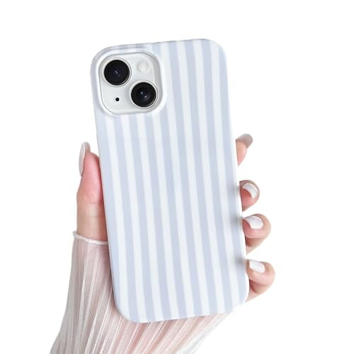 for i-Phone 14 Case Cute Striped Phone Case Soft TPU Slim Shockproof Phone Cover for Women Girls, Blue and White