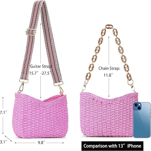 Small Handmade Straw Pocketbook Crossbody Bag for Women, Summer Chic Woven Handbag Shoulder Purse with Chain