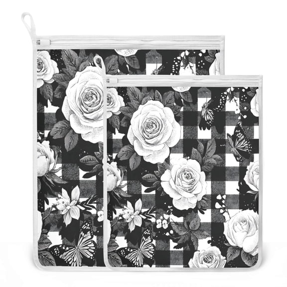 2 Pack Mesh Laundry Bags White Rose Pattern Durable Polyester Wash Bags with Zipper 2 Sizes Reusable Delicates Bag for Washing Machine Travel Storage