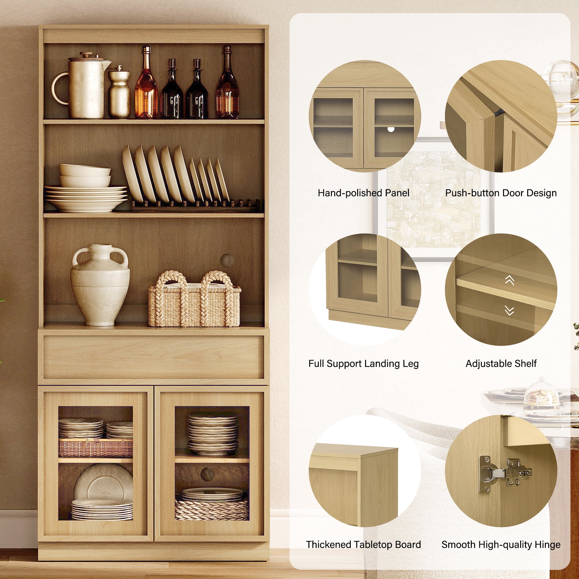 Modern 72" Tall Bookshelf with Glass Doors & Drawers, Library Bookcase with Storage Cabinet and Open Shelves,Oak