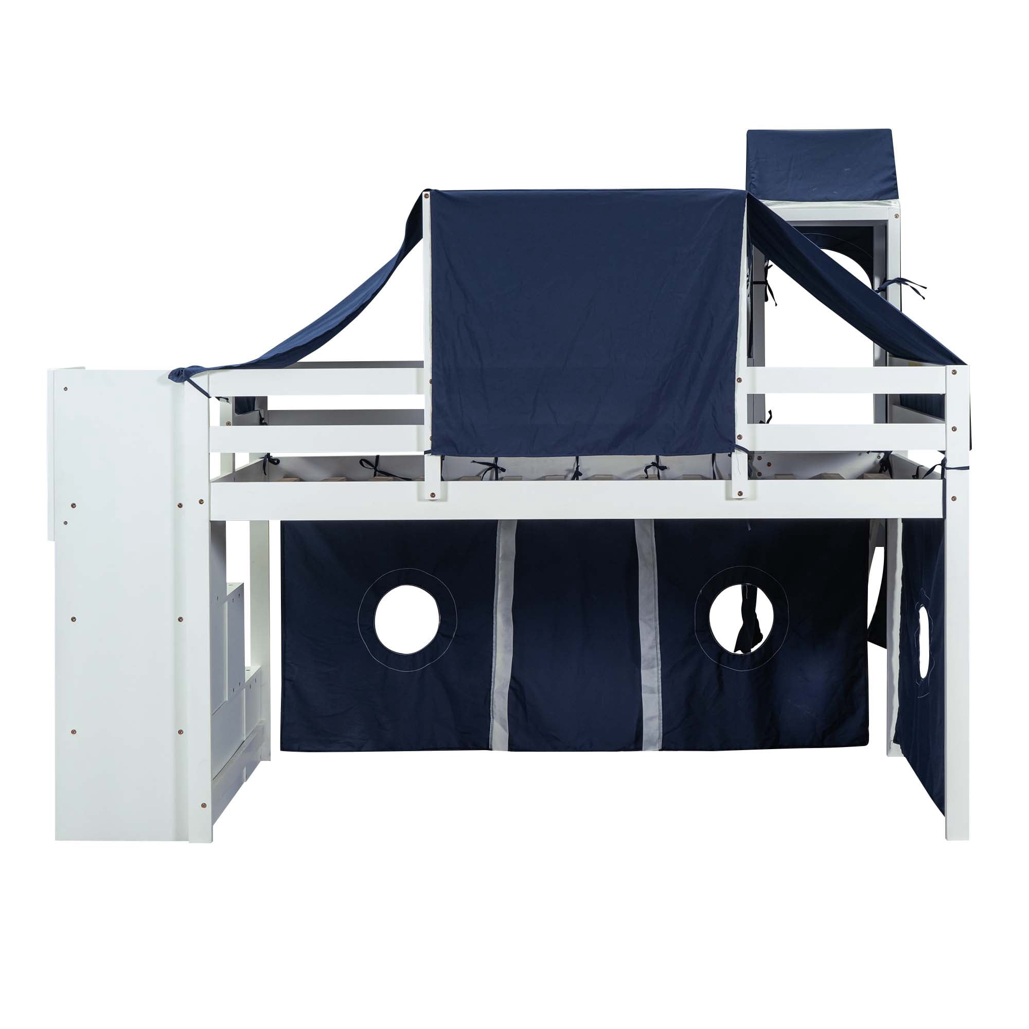Aukfa Twin Loft Bed with Slide - House Loft Castle Bed with Stairway Tent Tower for Kids - Navy