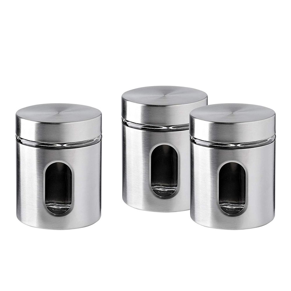 Brushed Stainless Steel and Glass Canister with Window, 5"H & 21OZ Set