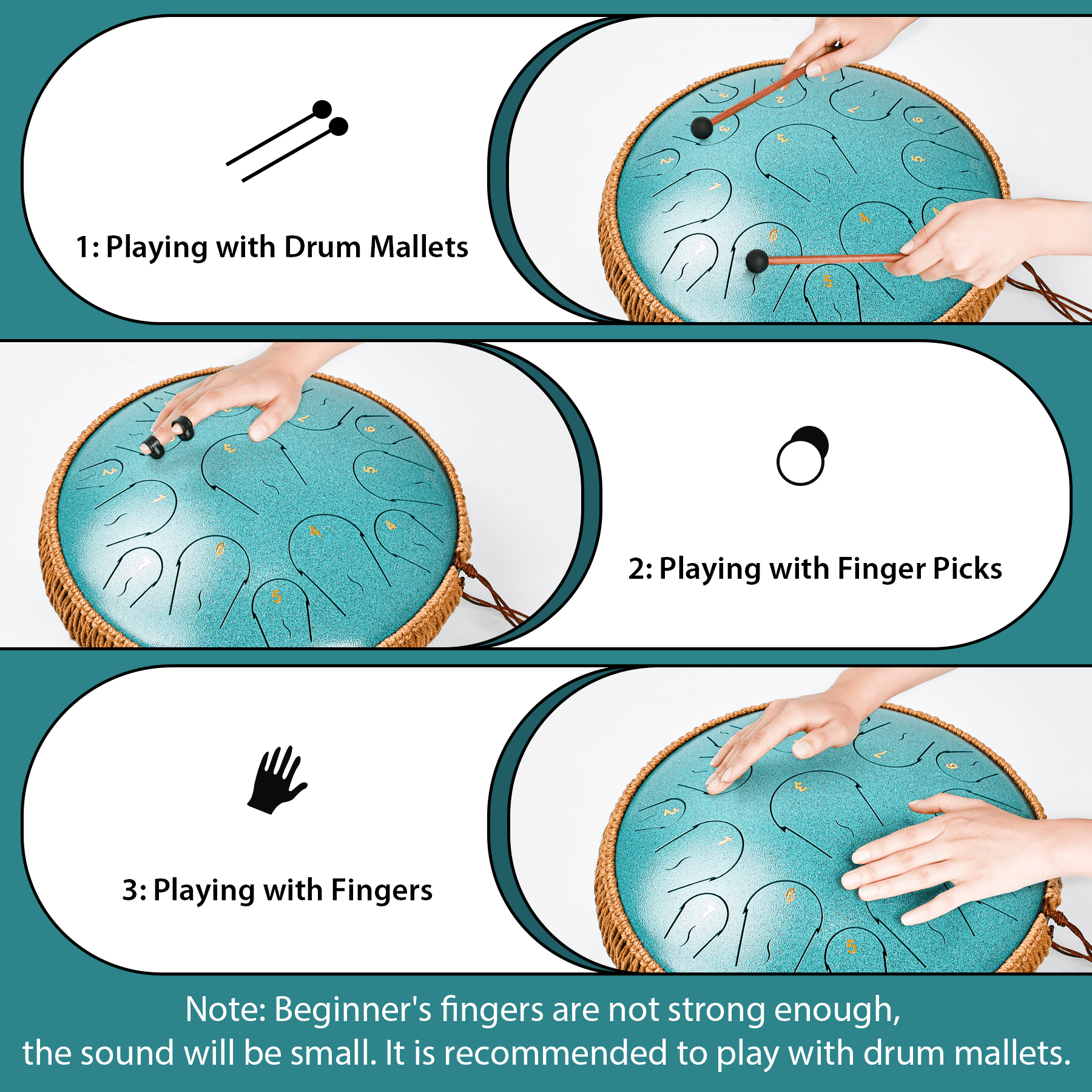 Lidguni 14" 15 Notes Rain Drum for Adults, C Major Tongue Pan Drums, Malachite Green